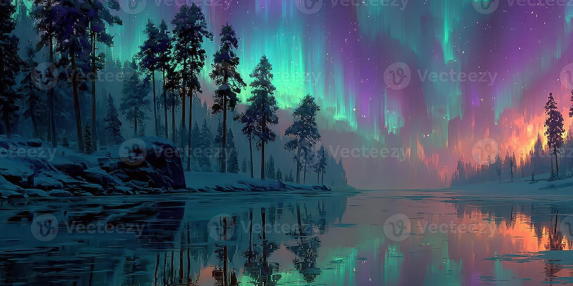 Majestic aurora borealis illuminates a serene lake surrounded by evergreen trees at twilight photo