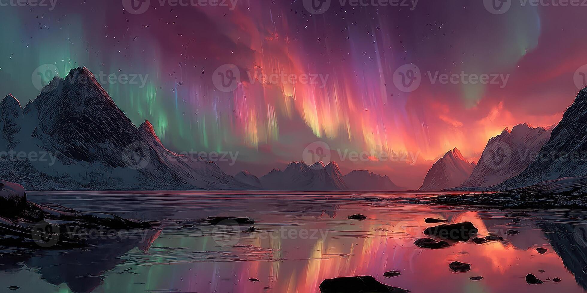 Breathtaking aurora borealis illuminates tranquil mountains and waters during twilight in a remote natural landscape photo