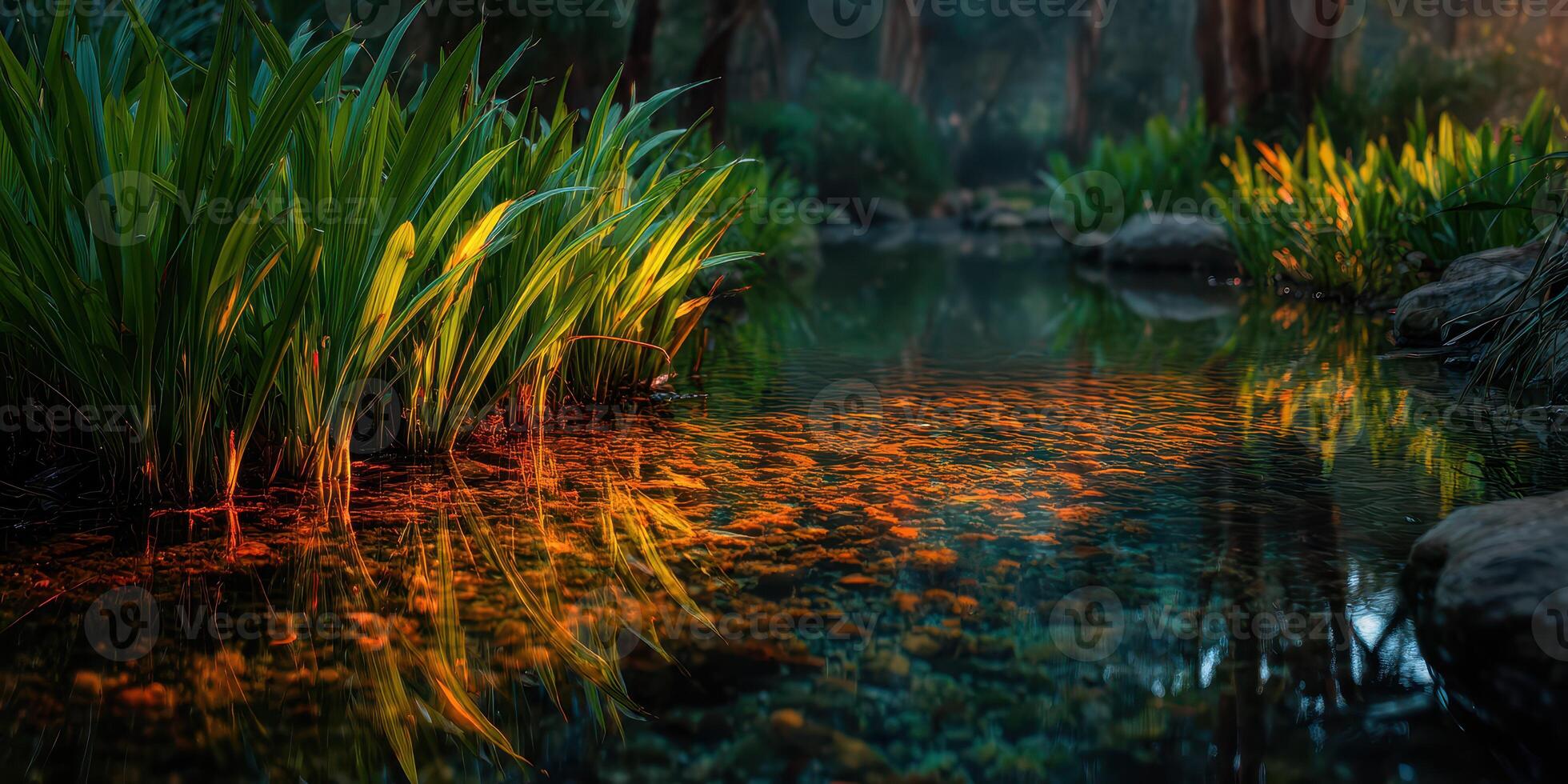 Golden reflections on a tranquil stream surrounded by lush greenery at twilight in a serene forest setting photo