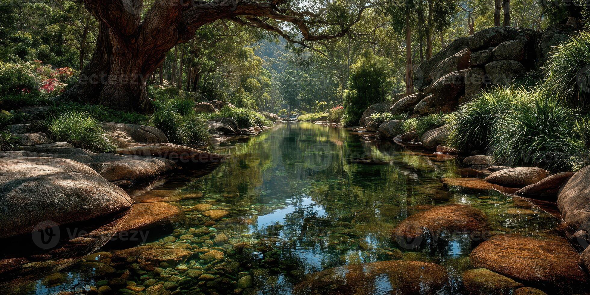 Serene river winding through lush landscape with clear reflections in tranquil waters during midday photo