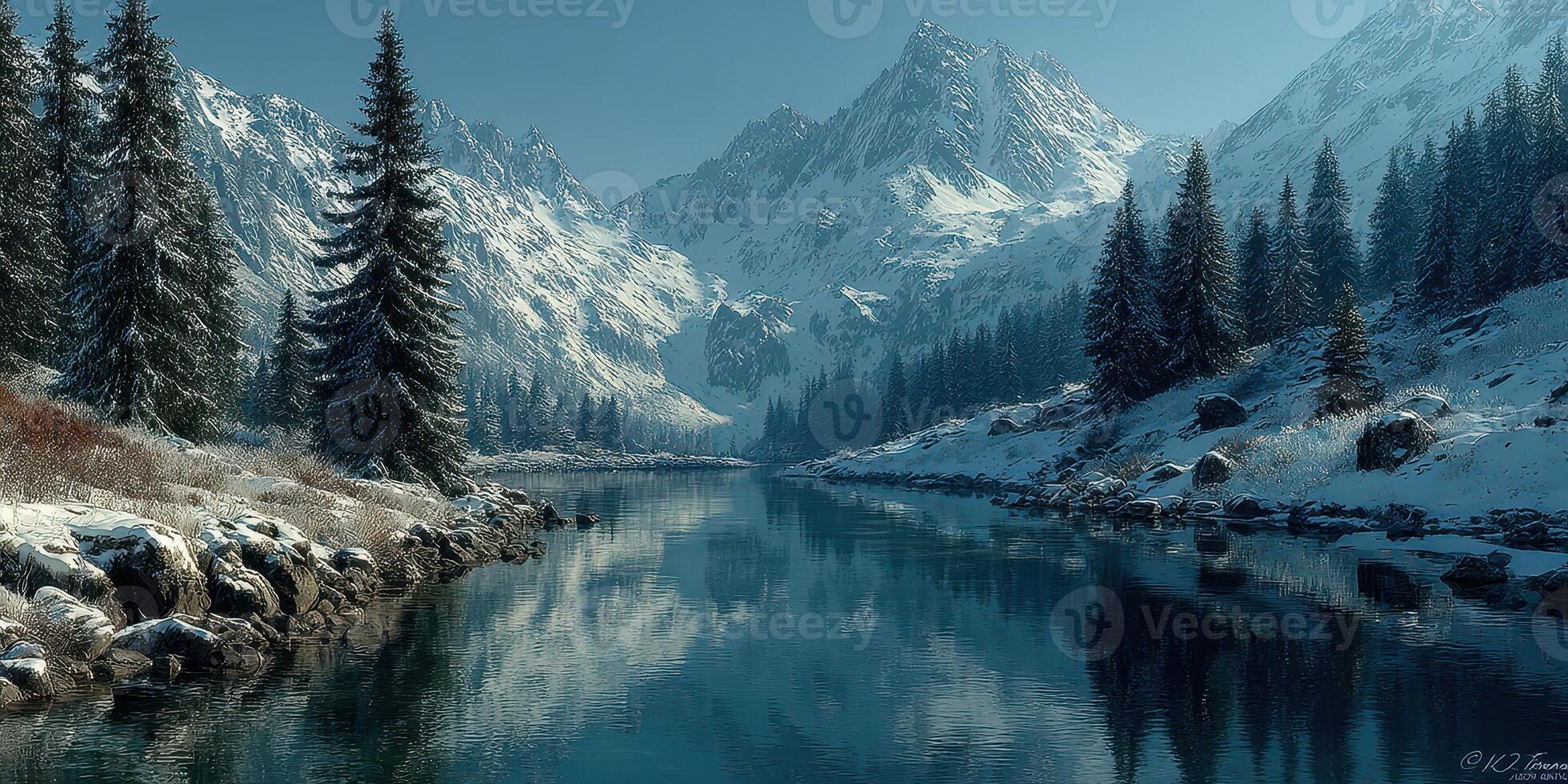 Majestic winter landscape with mountains, evergreen trees, and a calm river reflecting the serene beauty of nature in the early morning photo