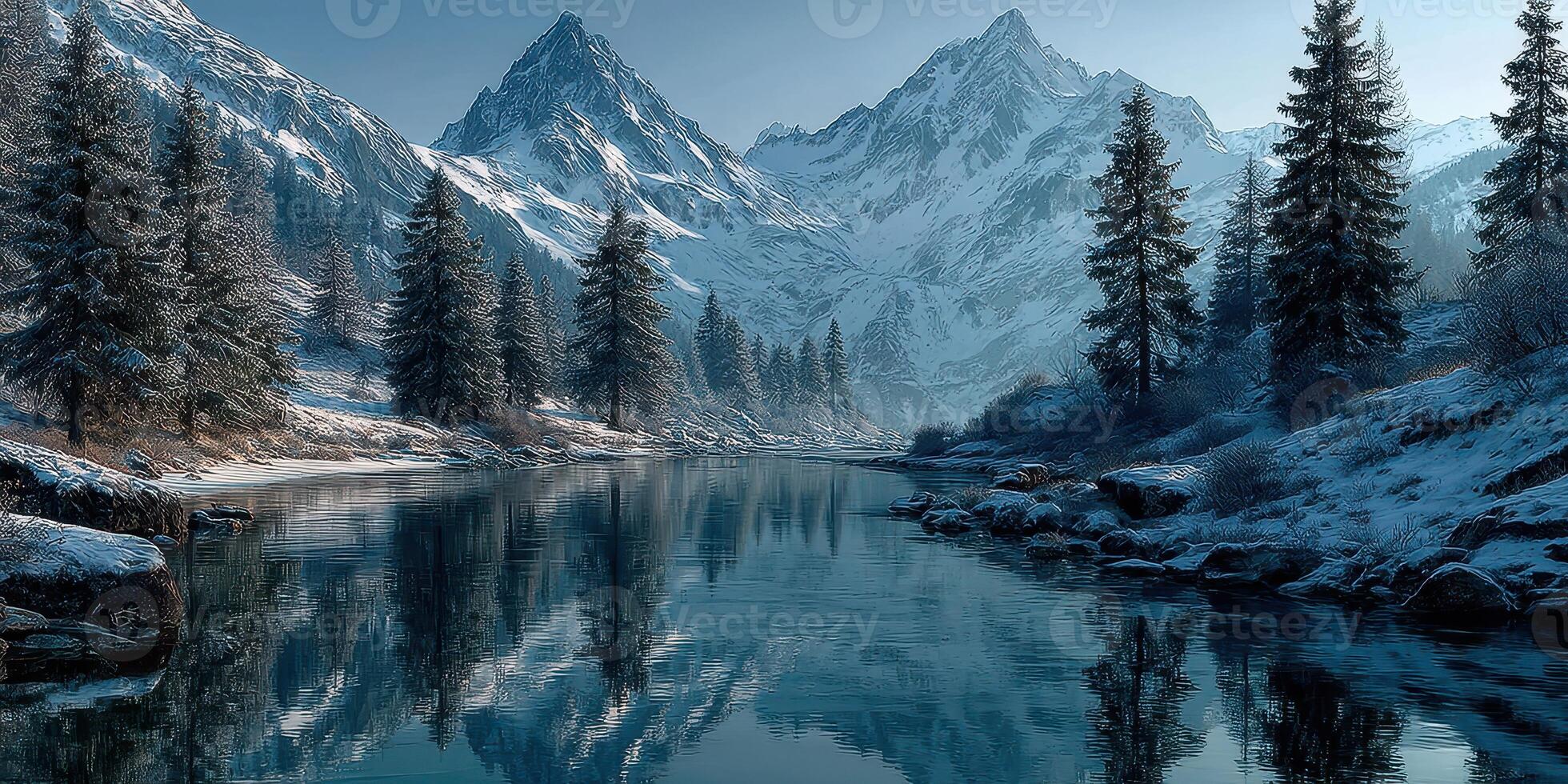 Majestic winter landscape with snow-capped mountains and serene river reflection in early morning light photo