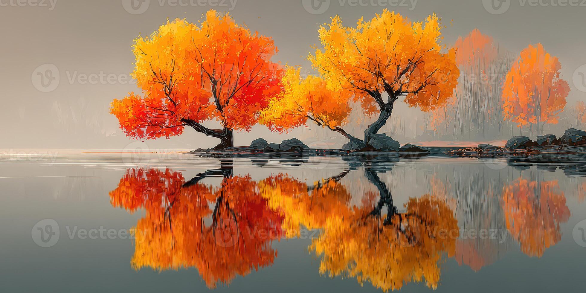Reflection of vibrant autumn trees by a calm lake at sunrise in a serene landscape photo