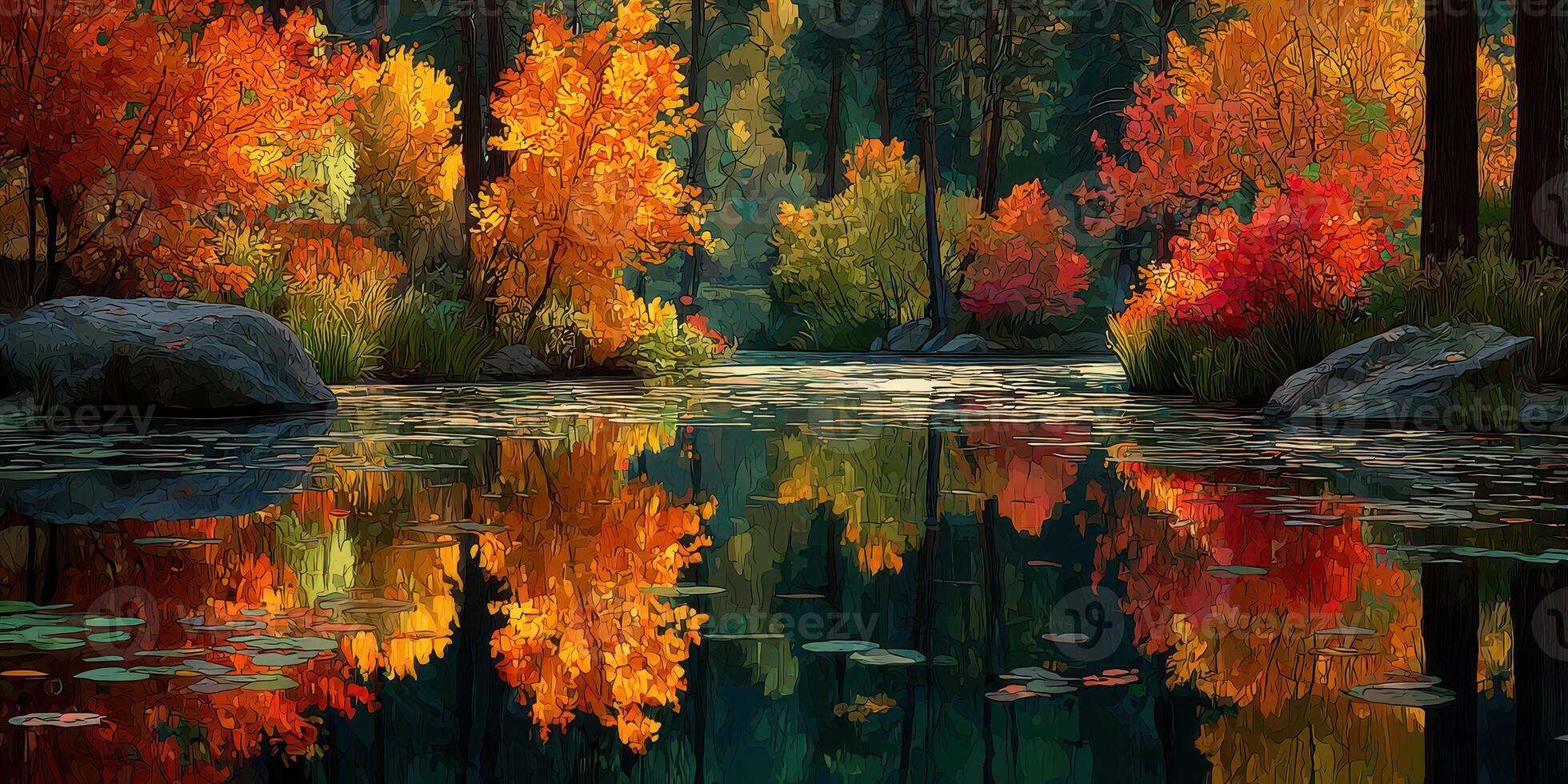 Bright autumn foliage reflects on a tranquil pond in a serene forest setting photo