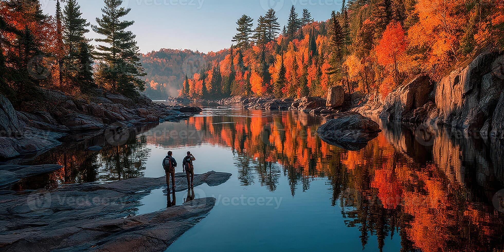 Natural beauty unfolds as two hikers explore a tranquil river surrounded by vibrant autumn foliage at dawn photo