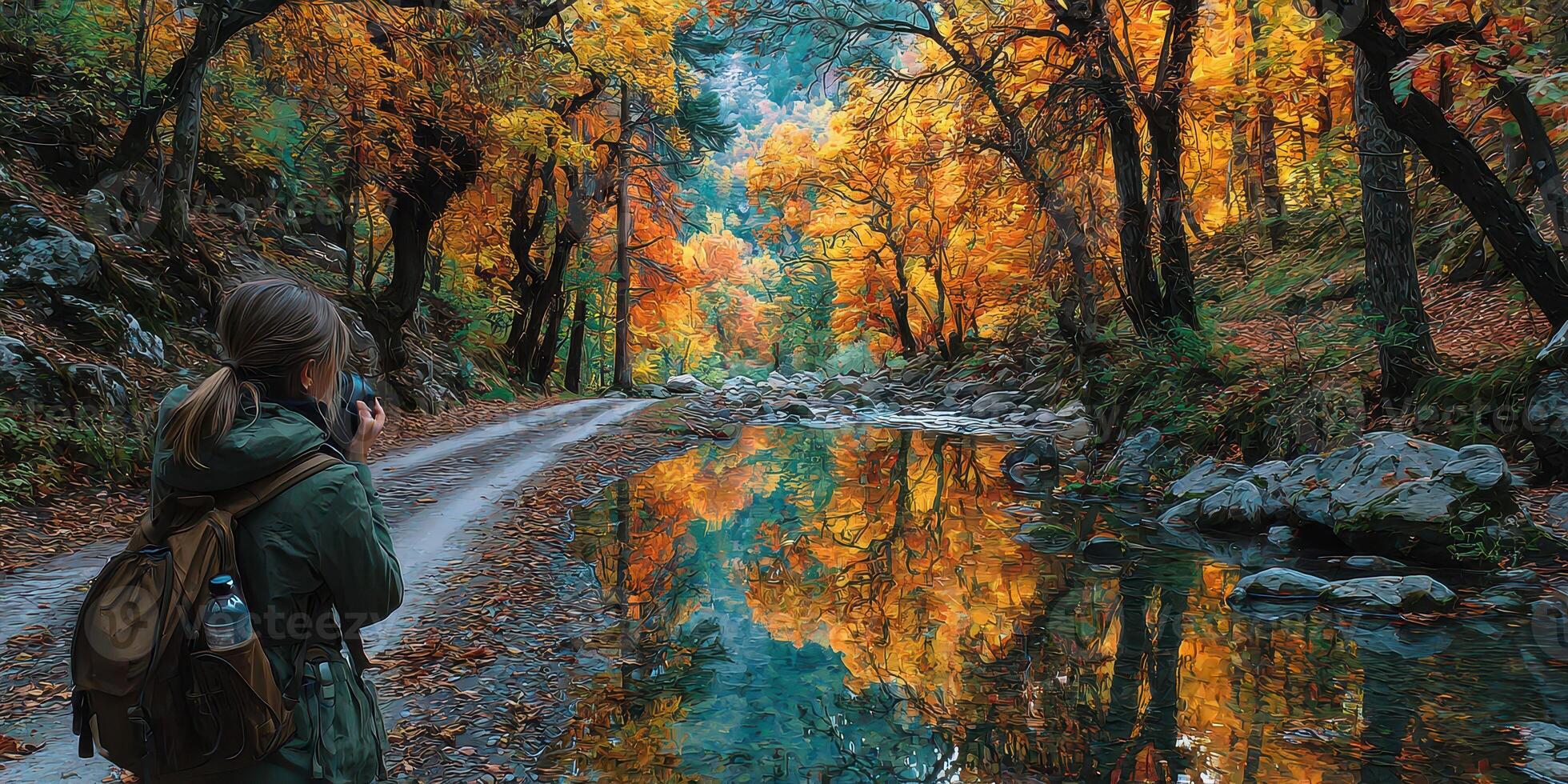 Exploring the vibrant autumn landscape by the river with colorful foliage and a serene atmosphere photo