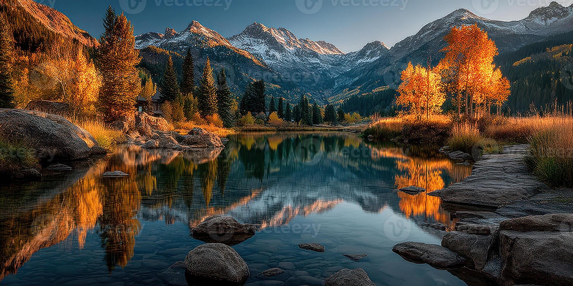Stunning autumn landscape with colorful trees reflecting in a calm mountain lake at sunset photo