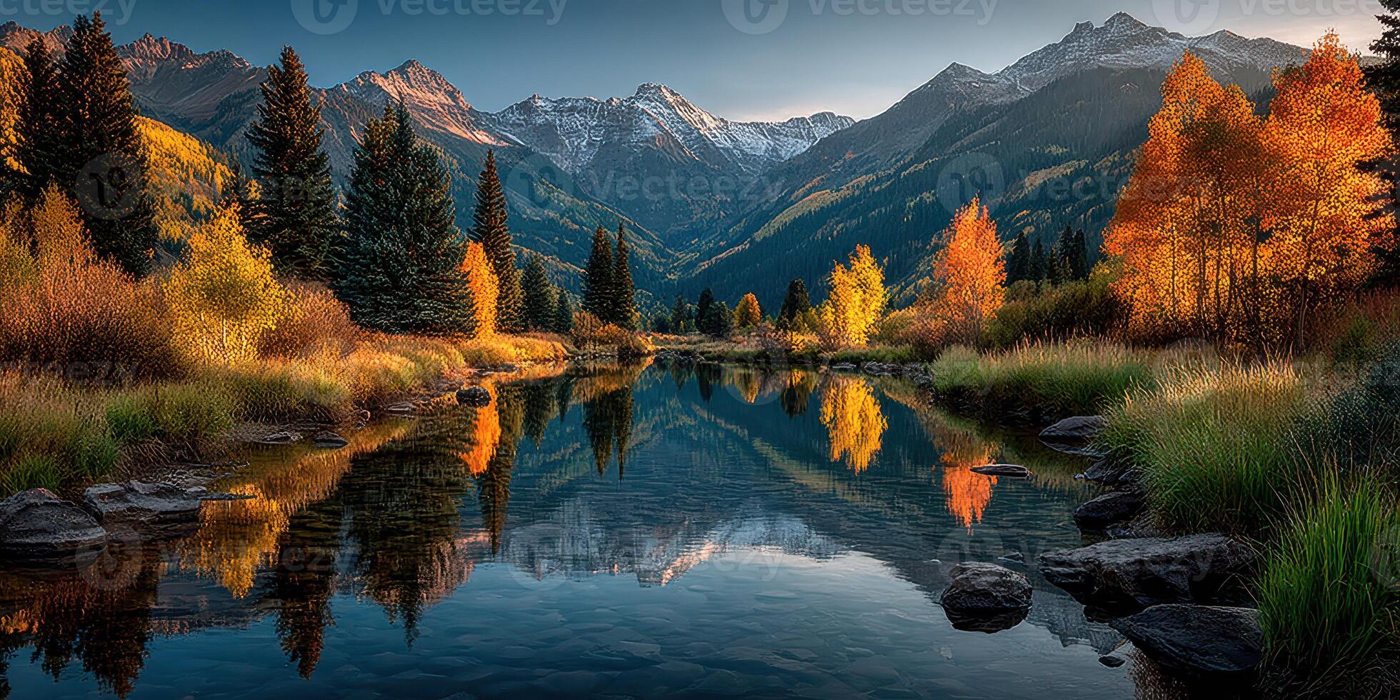 Mountain landscape reflecting in tranquil lake surrounded by autumn foliage at sunset photo