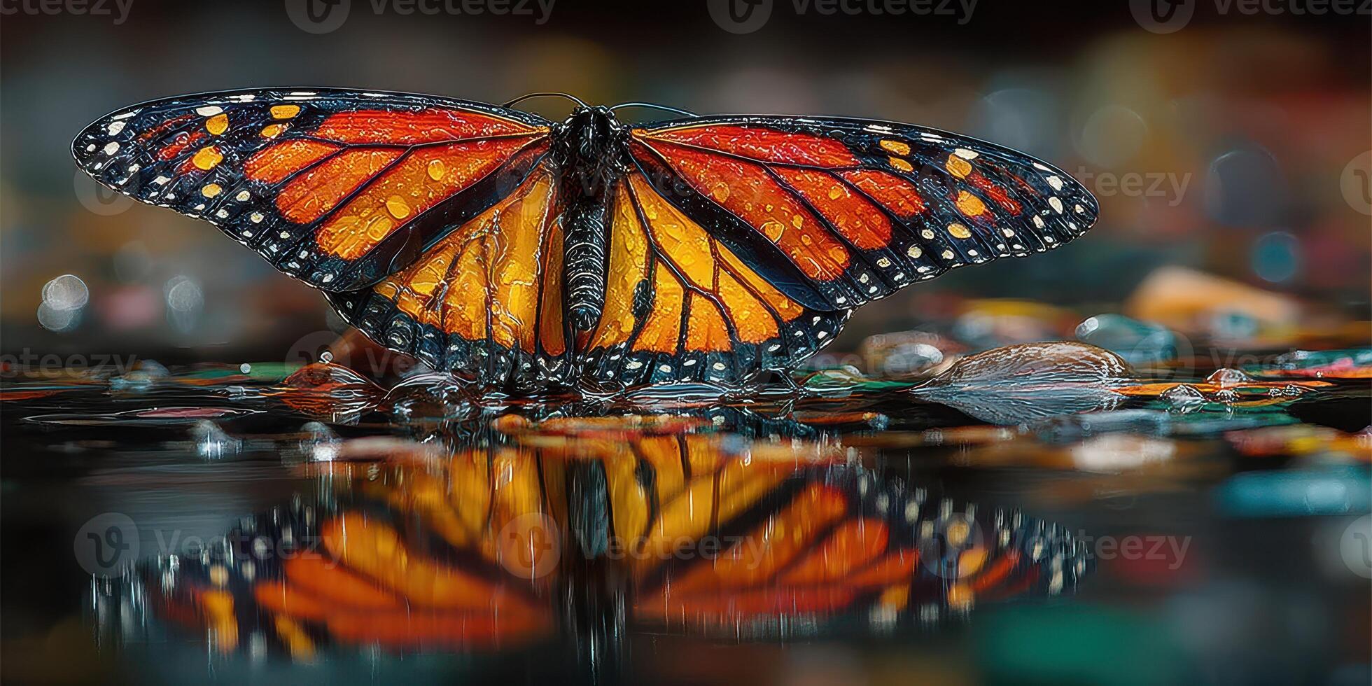 Monarch butterfly perched on water surface with vibrant reflections and droplets in a tranquil natural setting photo