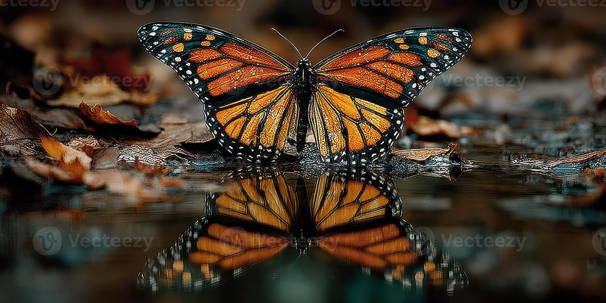 Monarch butterfly resting on wet leaves beside a reflective pond during a serene autumn afternoon photo