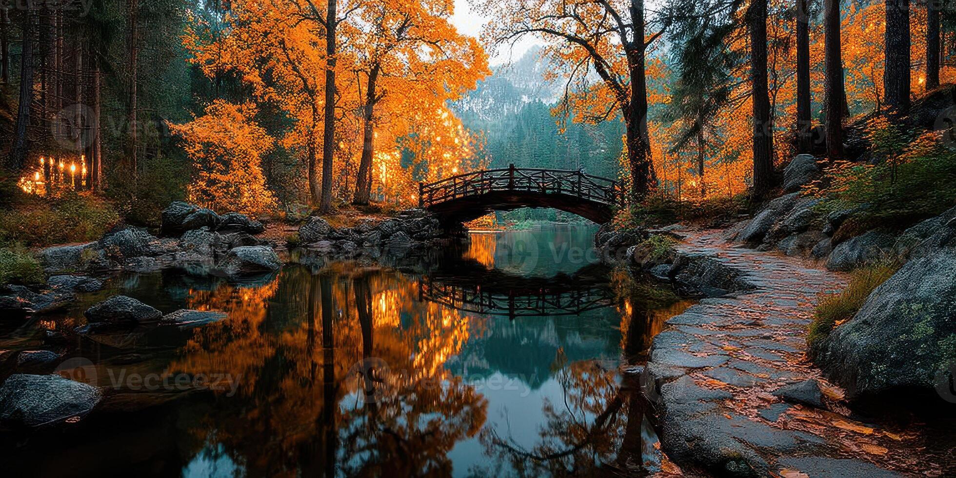 Scenic autumn landscape featuring a bridge over a tranquil lake surrounded by vibrant foliage in a serene forest setting photo
