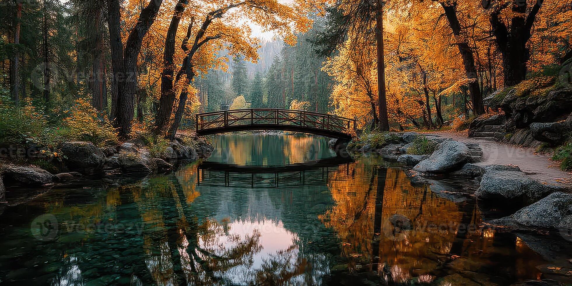 Peaceful autumn bridge over a serene lake surrounded by colorful foliage in a forest photo