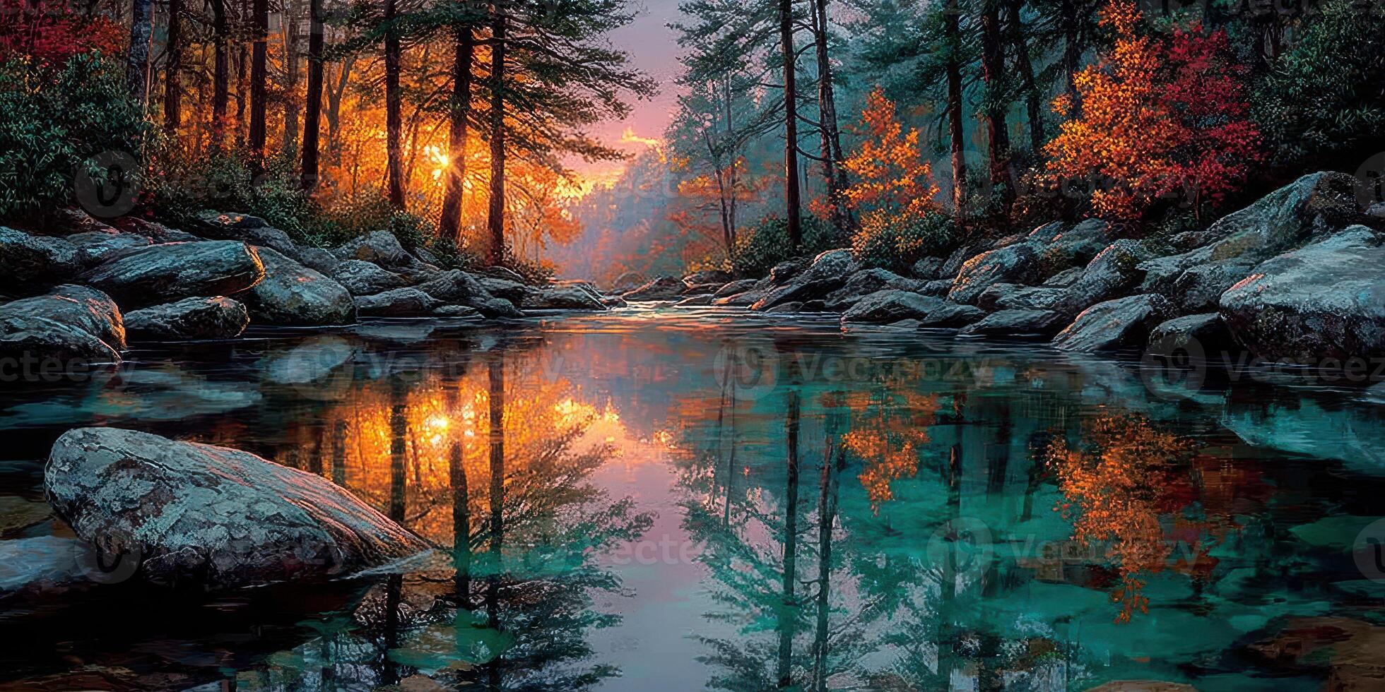 Serene riverside at sunset reflecting vibrant autumn colors in a tranquil forest setting photo