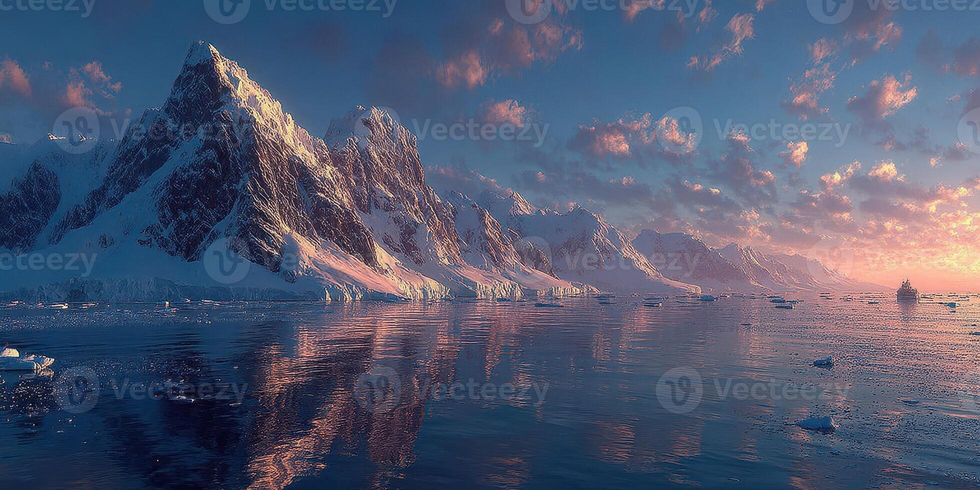 Stunning icebergs glimmer in the serene waters at sunset in a remote Arctic landscape photo