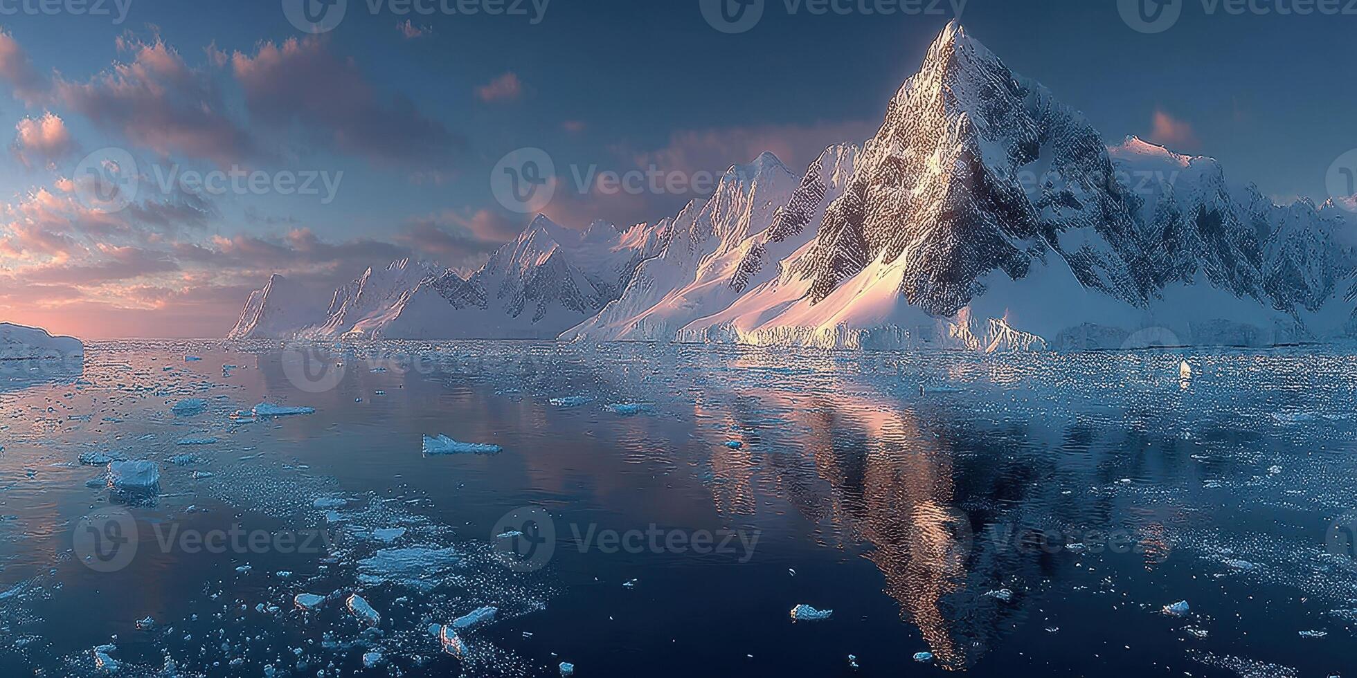 Snow-covered mountain reflects in tranquil ocean at dawn in a remote polar region photo