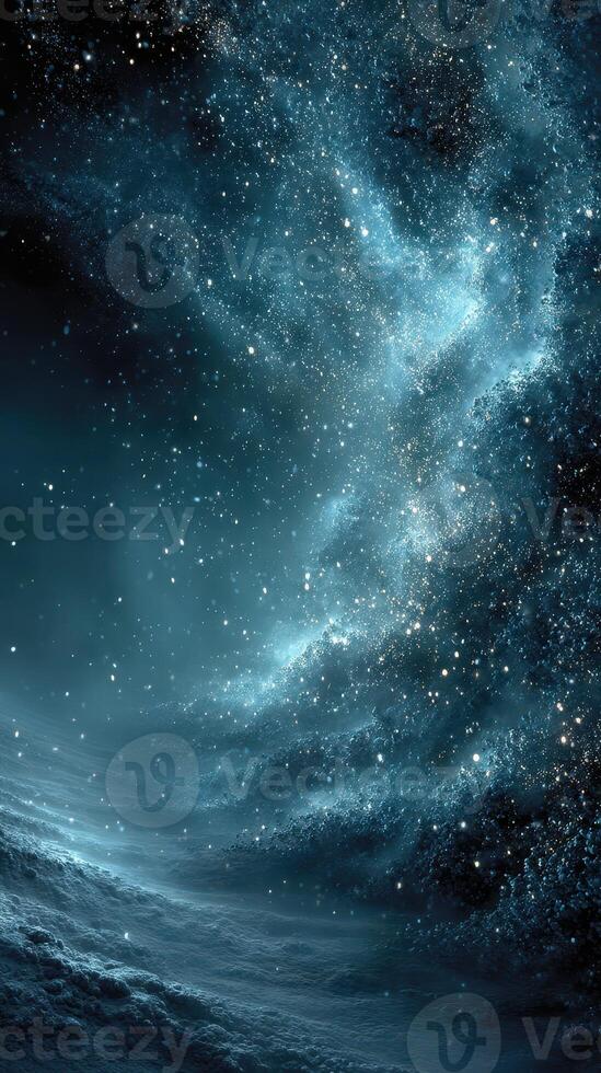 Cosmic landscape showcasing deep blue hues and starry sky at night in a serene, otherworldly environment photo