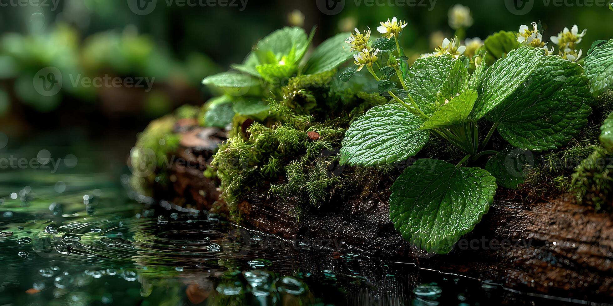 Close-up of lush green foliage and flowers near a tranquil water source during a rainy day in a serene forest environment photo