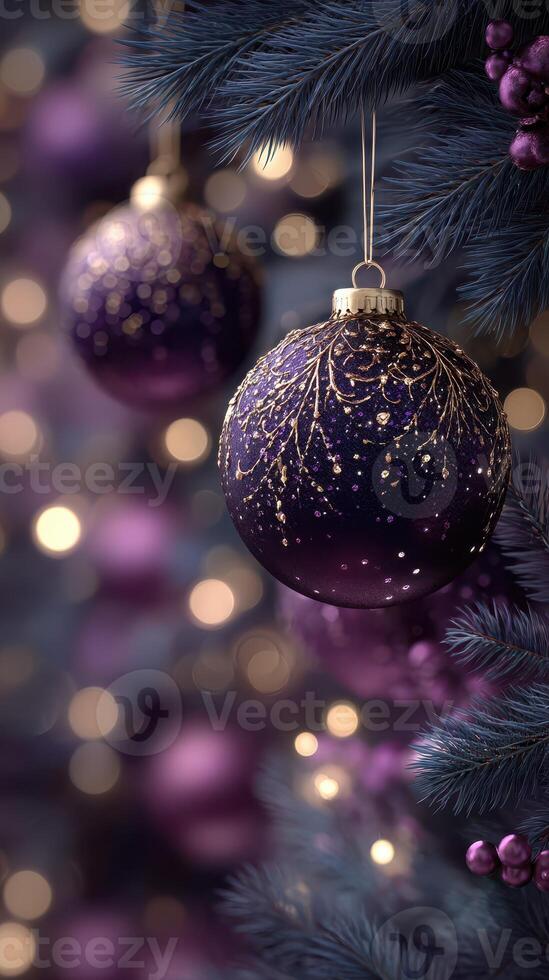 Elegant purple Christmas ornaments sparkling on a festive tree with bokeh lights in the background photo