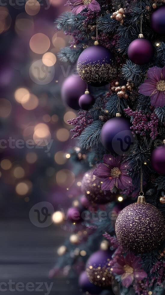 Purple-themed Christmas tree adorned with ornaments and flowers creates a festive atmosphere in a cozy setting during the holiday season photo