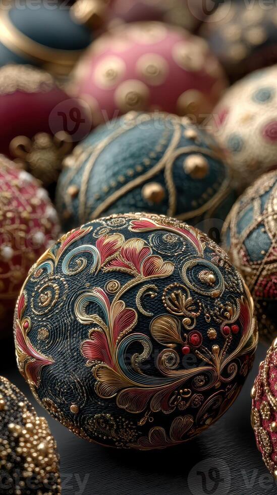 Decorative handcrafted ornaments featuring intricate floral designs and rich colors displayed on a dark surface photo