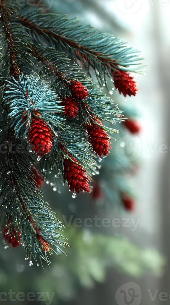 Pine tree branches adorned with vibrant red cones and glistening droplets after a fresh rain, creating a serene natural atmosphere photo