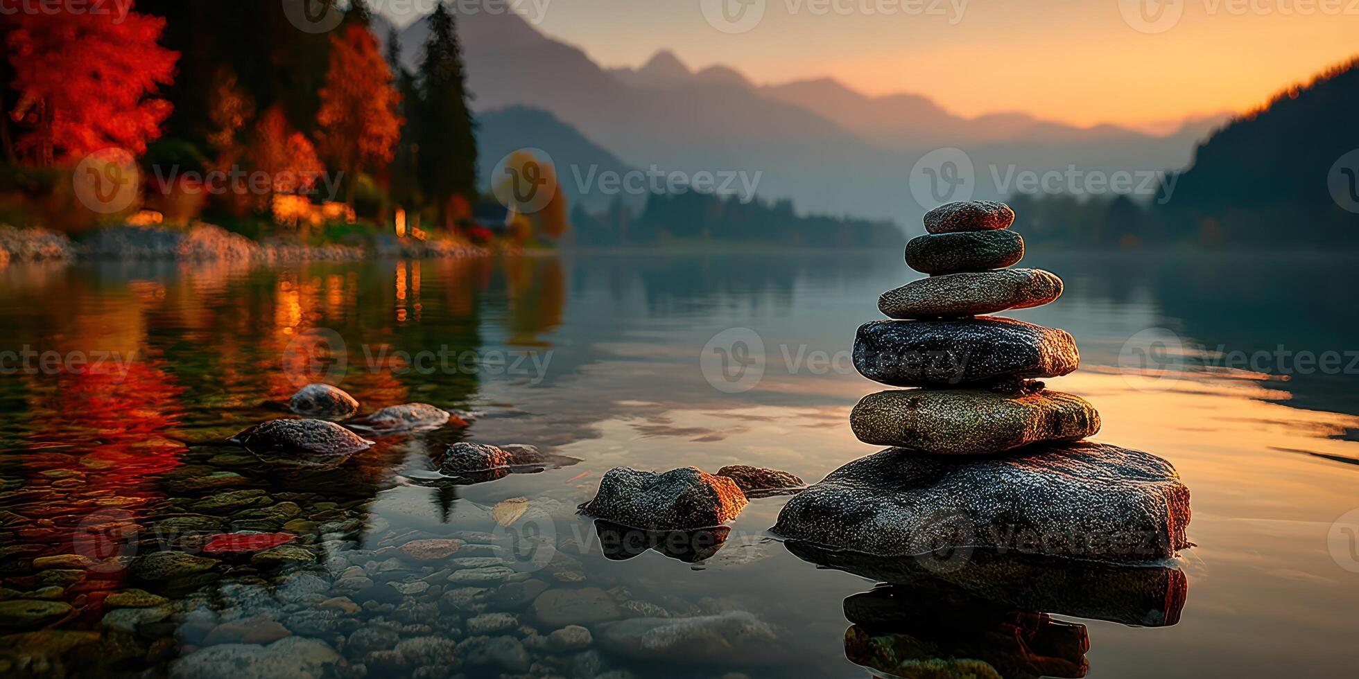 Serene sunset at a tranquil lake with stacked stones and reflections in the water during autumn photo