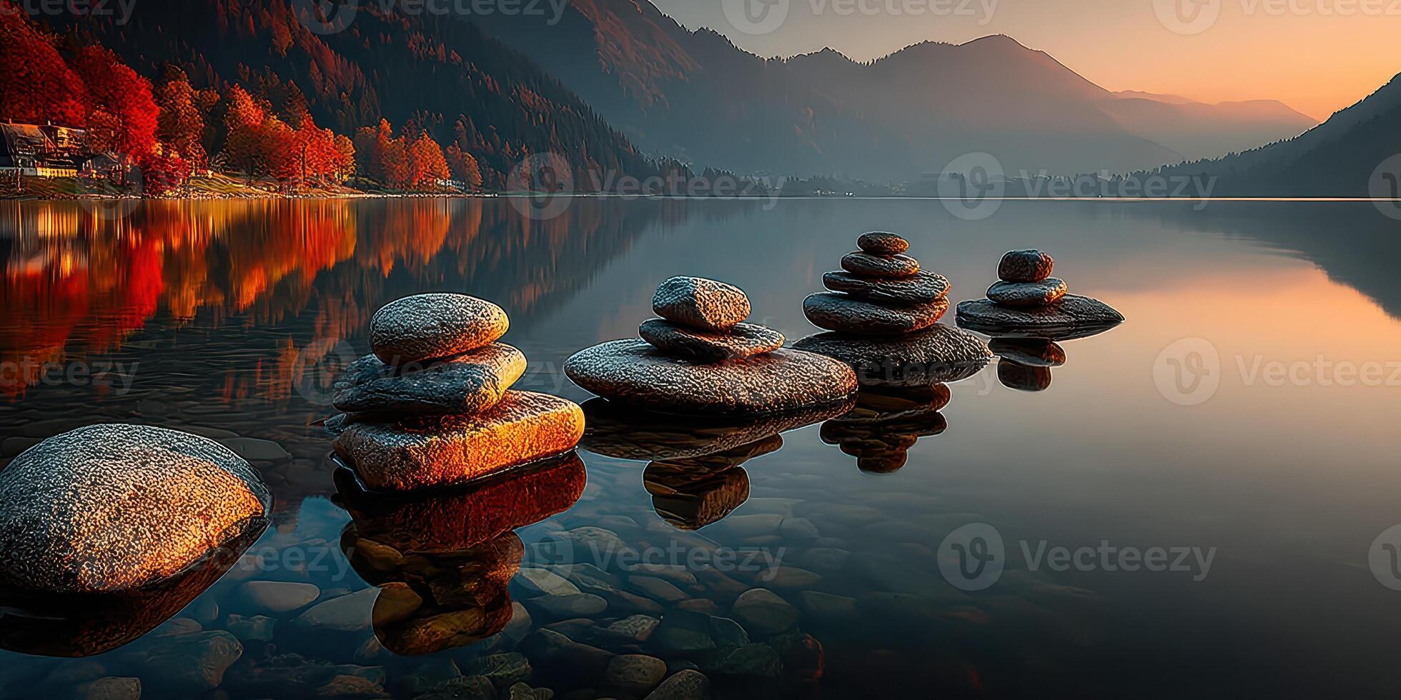 Tranquil lakeside view with stacked stones during sunset by tranquil forest and mountains in autumn photo