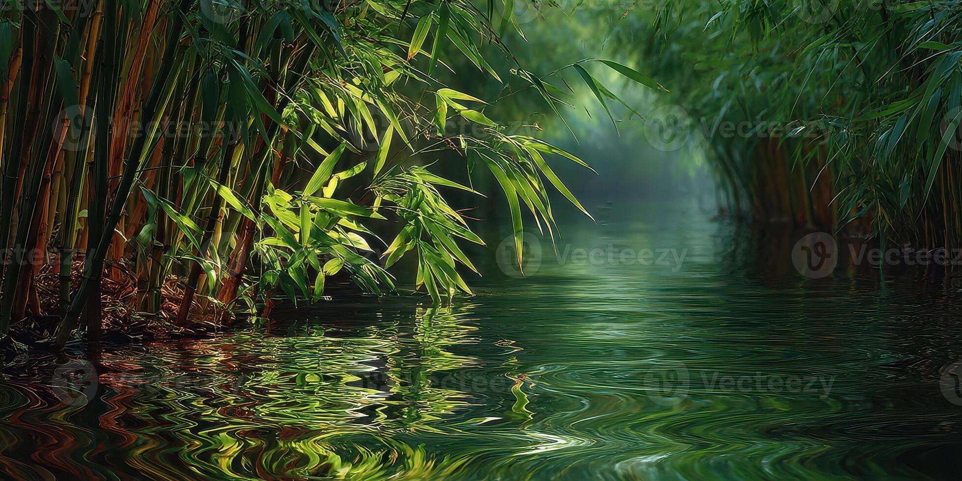 Tranquil bamboo grove reflecting on calm water in a serene nature setting during early morning light photo