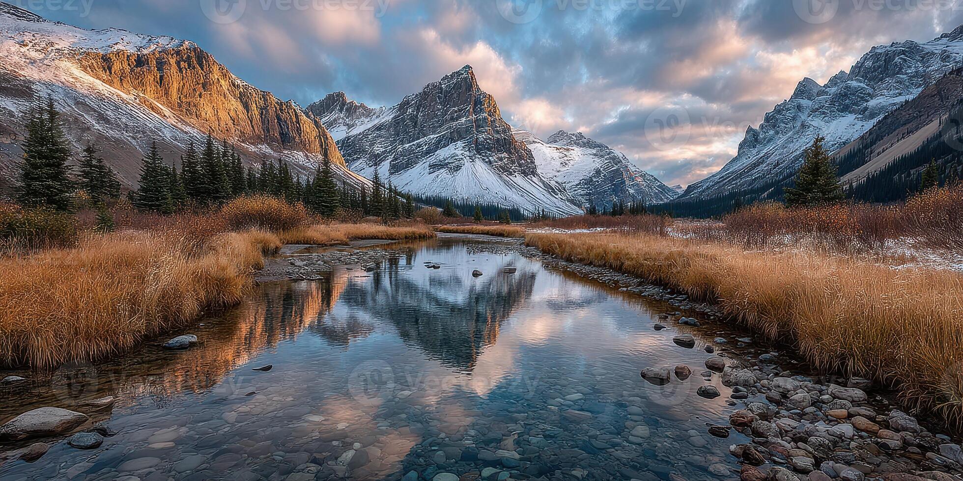 Scenic mountain landscape with a reflecting river at sunset in a serene national park photo