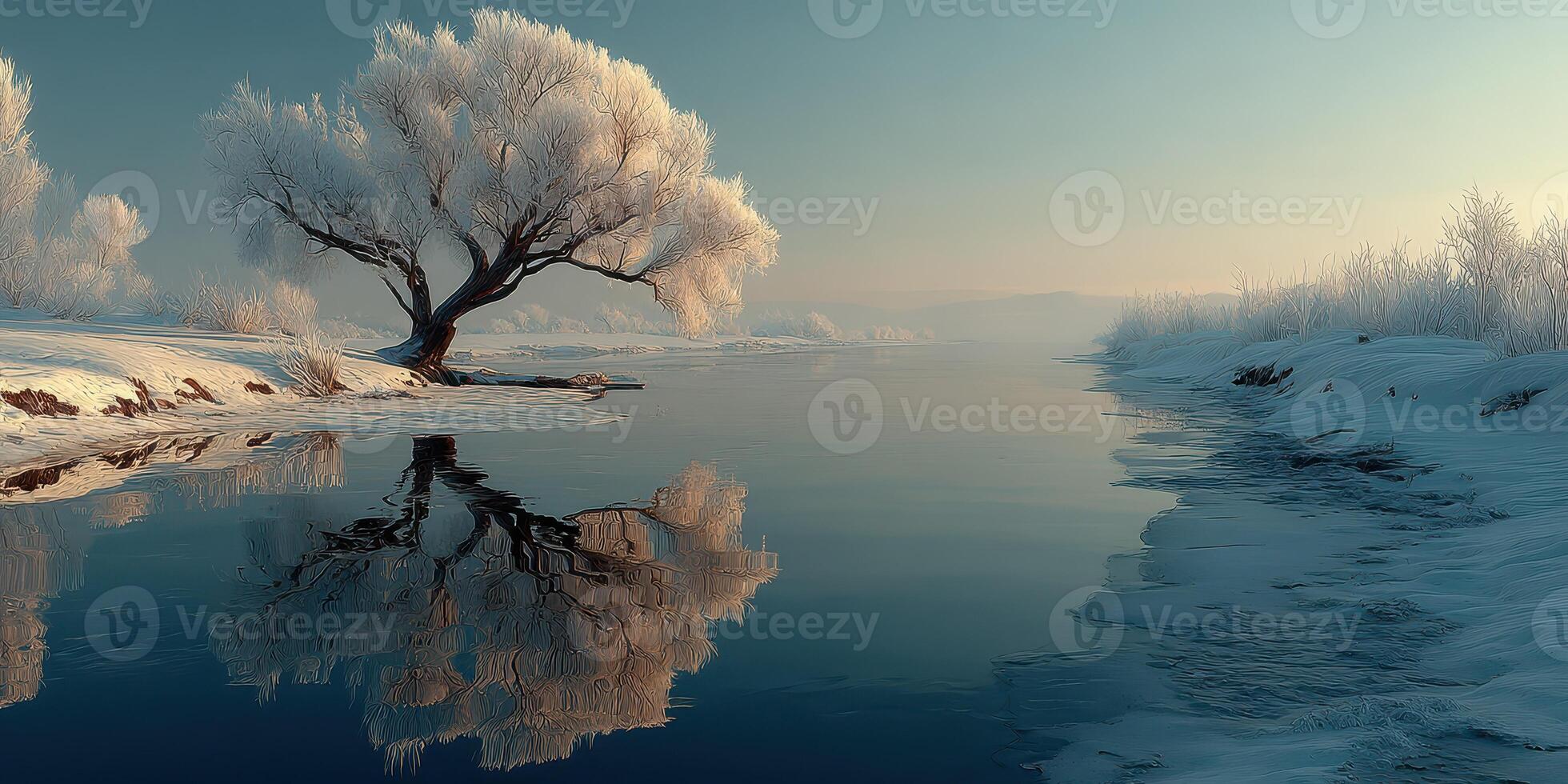 Majestic winter scene with frosted tree reflecting on calm river at dawn photo