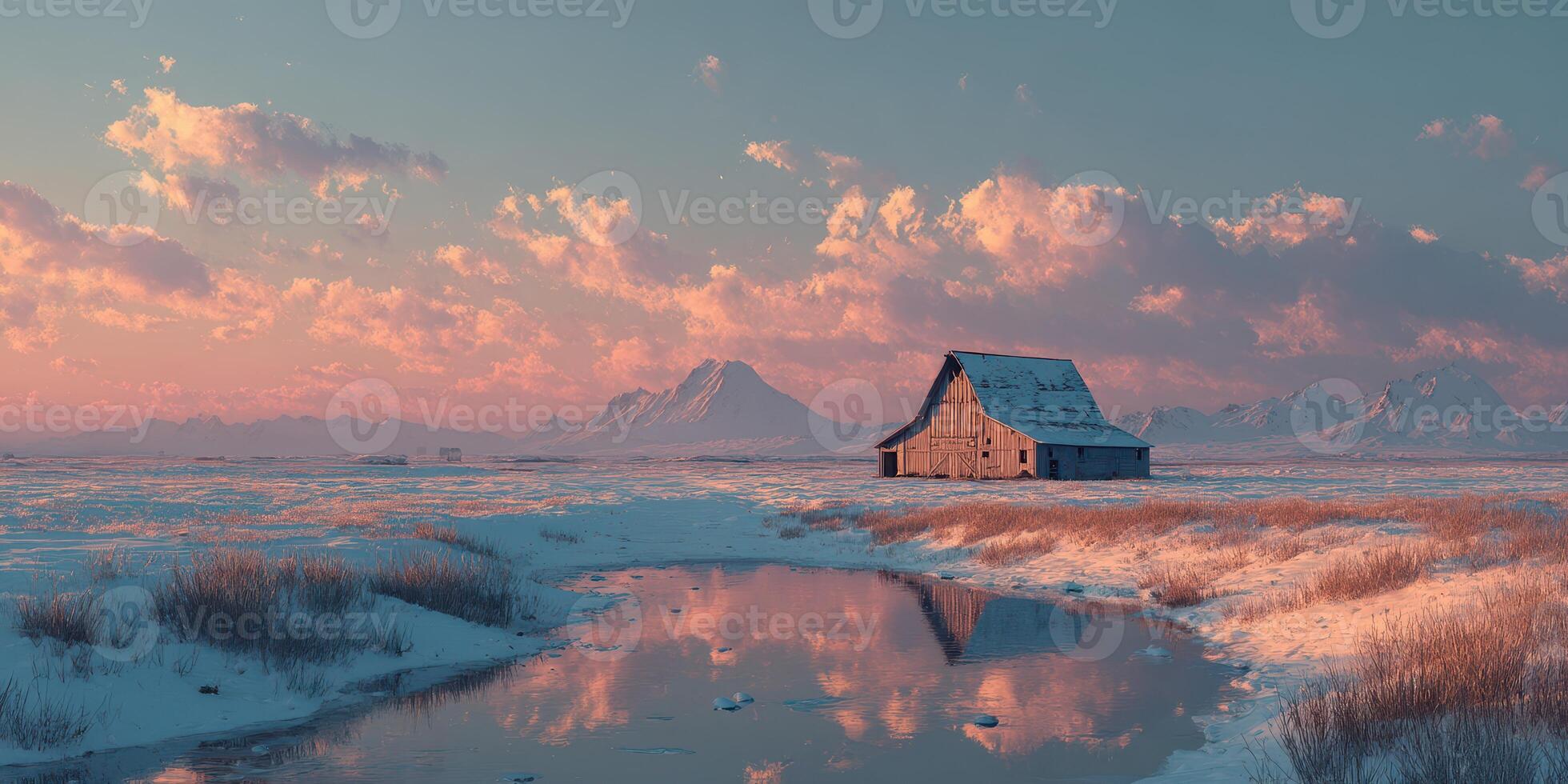 Snow-covered landscape at sunset with a rustic barn and mountain backdrop near a calm pond photo
