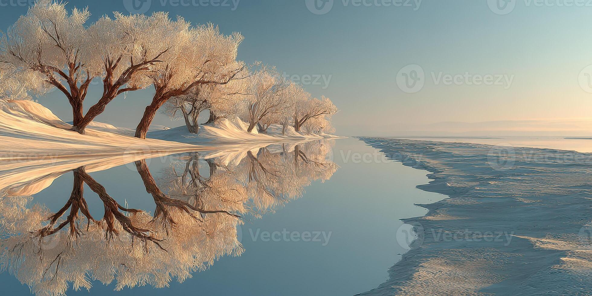 Frozen landscape with white trees reflected in calm water at sunrise in winter photo