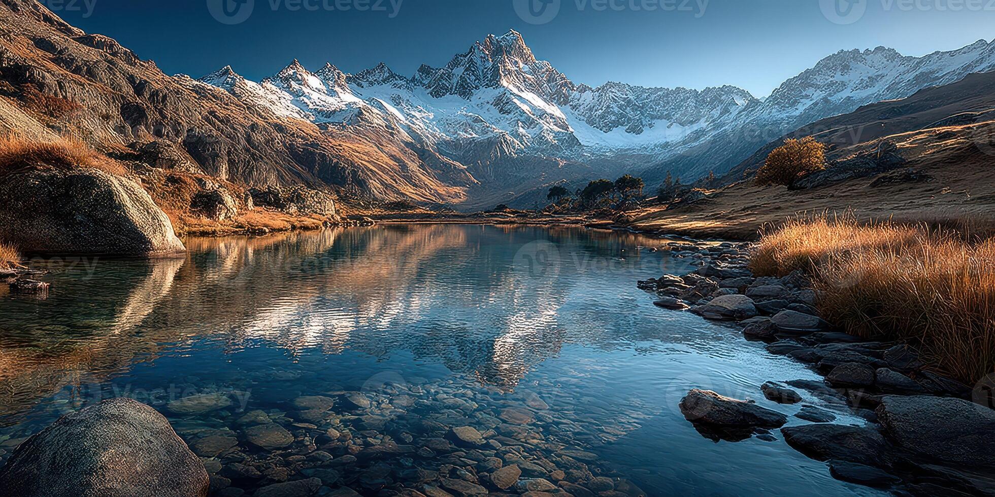 Breathtaking mountain landscape reflecting on a tranquil lake at dawn in the Peruvian Andes with rugged peaks and serene surroundings photo