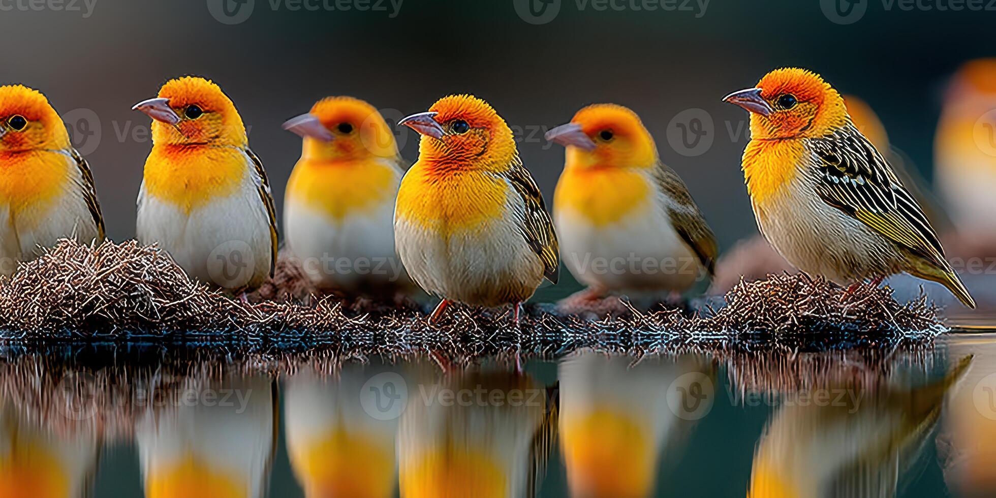 Colorful birds standing on nests near the water reflecting their vibrant feathers in a serene natural setting during daylight photo