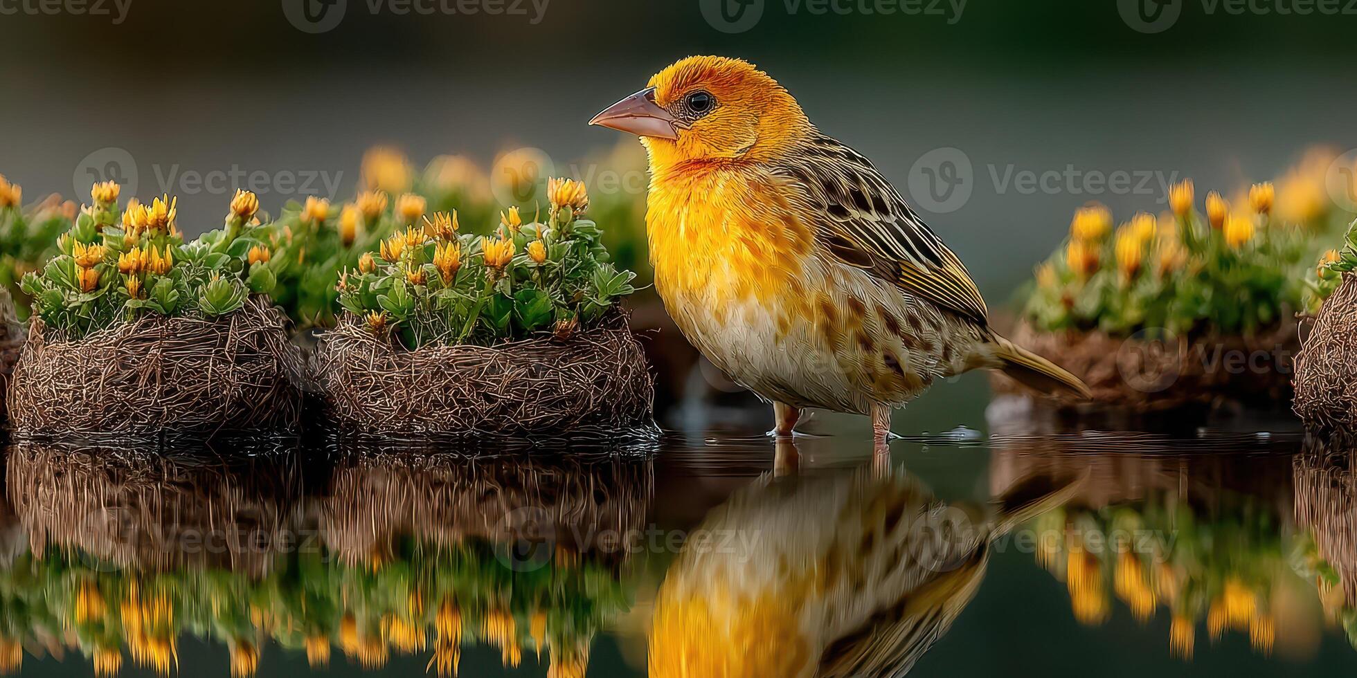 Bright yellow bird stands near blooming flowers reflecting in still water at sunset in a tranquil garden setting photo