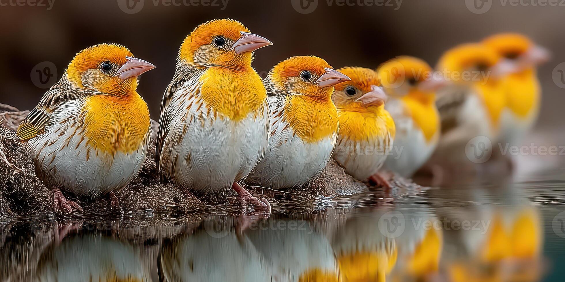 Colorful birds perched near the water reflecting their vibrant plumage in the serene environment during early morning light photo