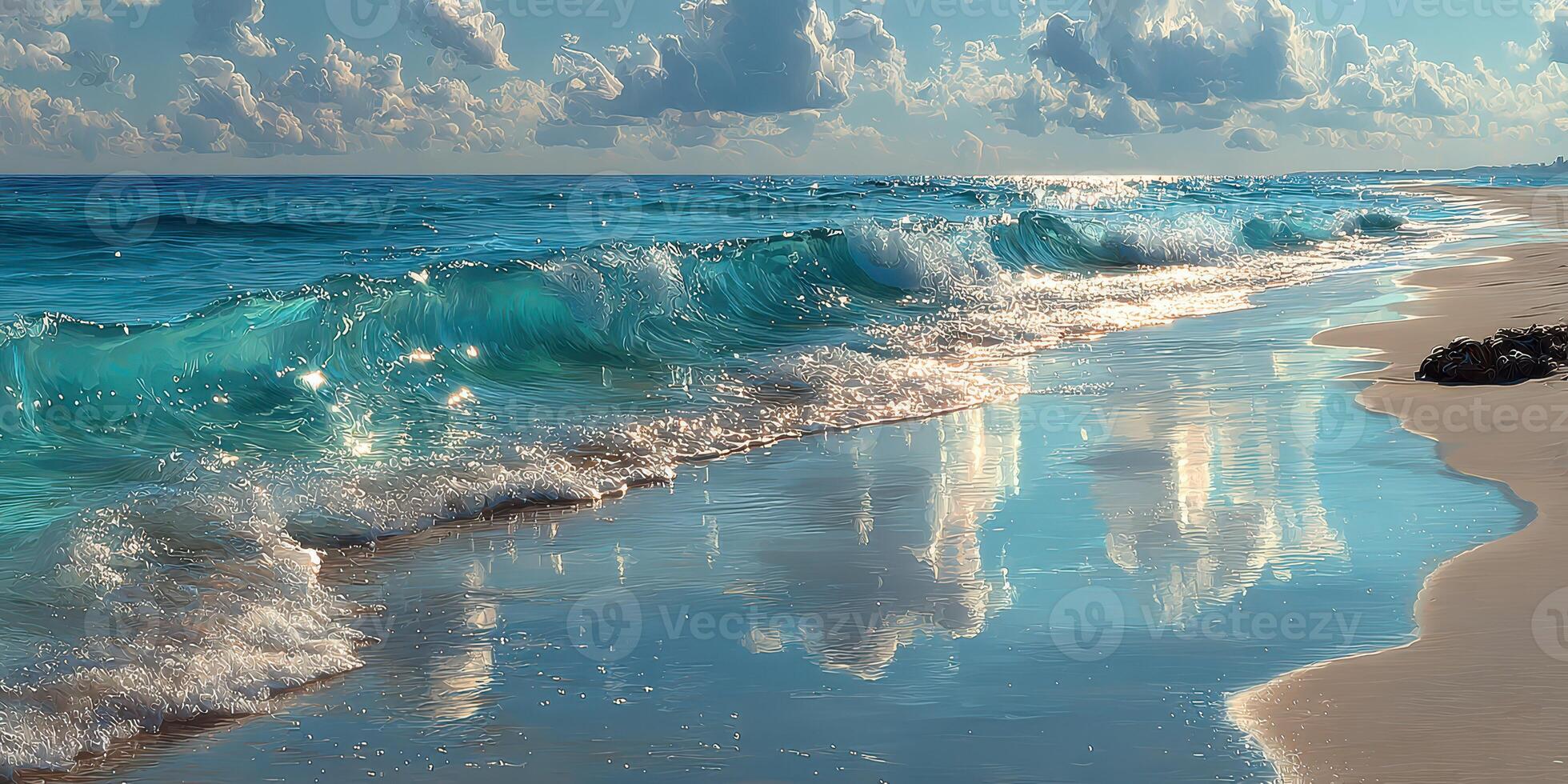 Waves gently crash onto a pristine beach, capturing the picturesque reflections of clouds and sky at midday photo