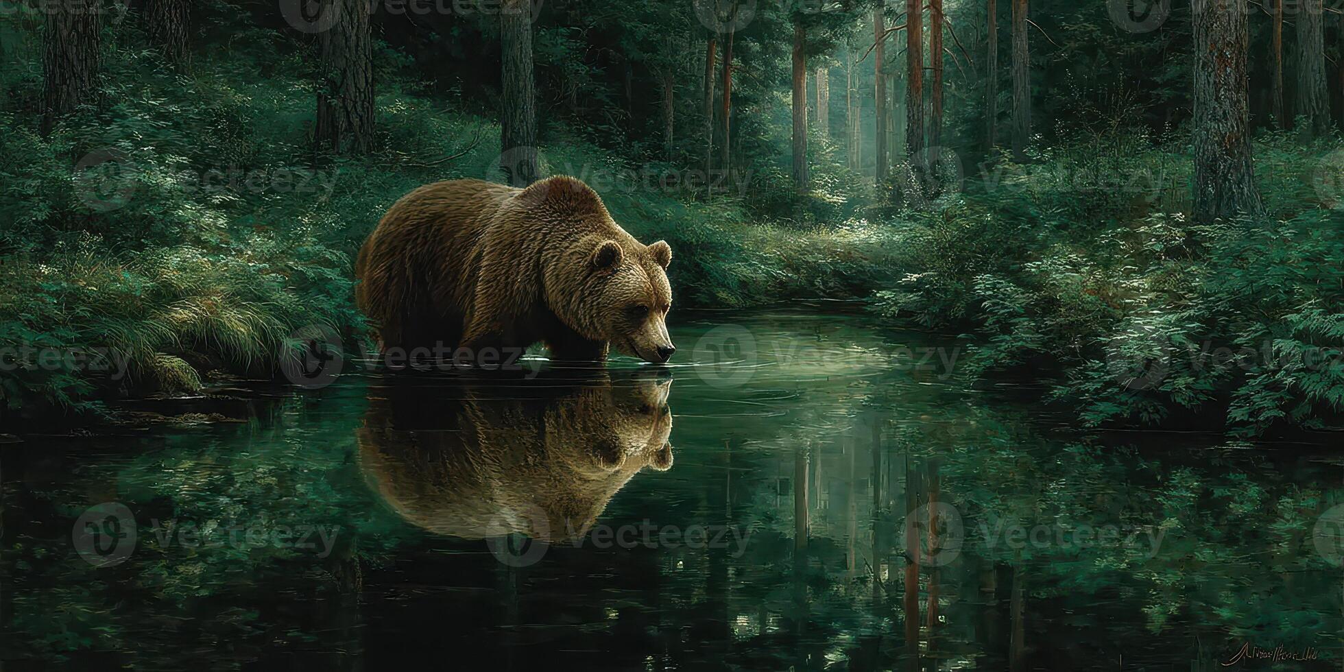 Grizzly bear drinking at a tranquil forest pond surrounded by lush greenery in the early morning light photo