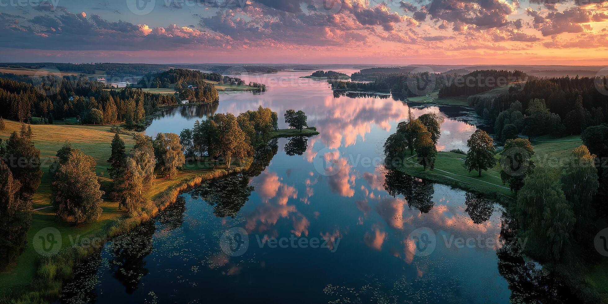 Stunning landscape at sunset over a tranquil lake surrounded by lush trees and reflective skies photo