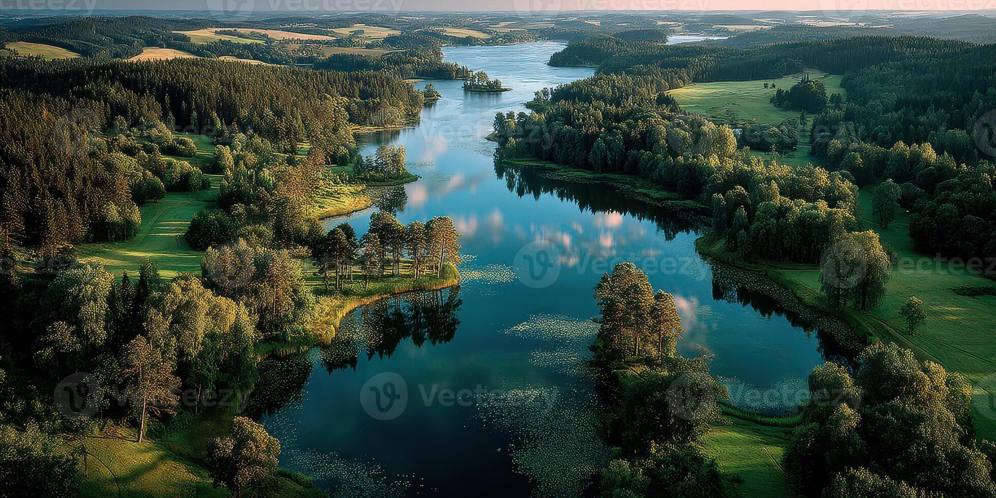 Scenic river landscape surrounded by lush greenery and tranquil waters during golden hour in a peaceful rural setting photo