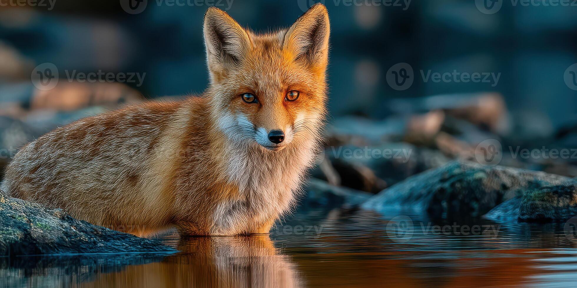 Fox standing near calm water during golden hour, with reflections on the surface and rocky surroundings photo
