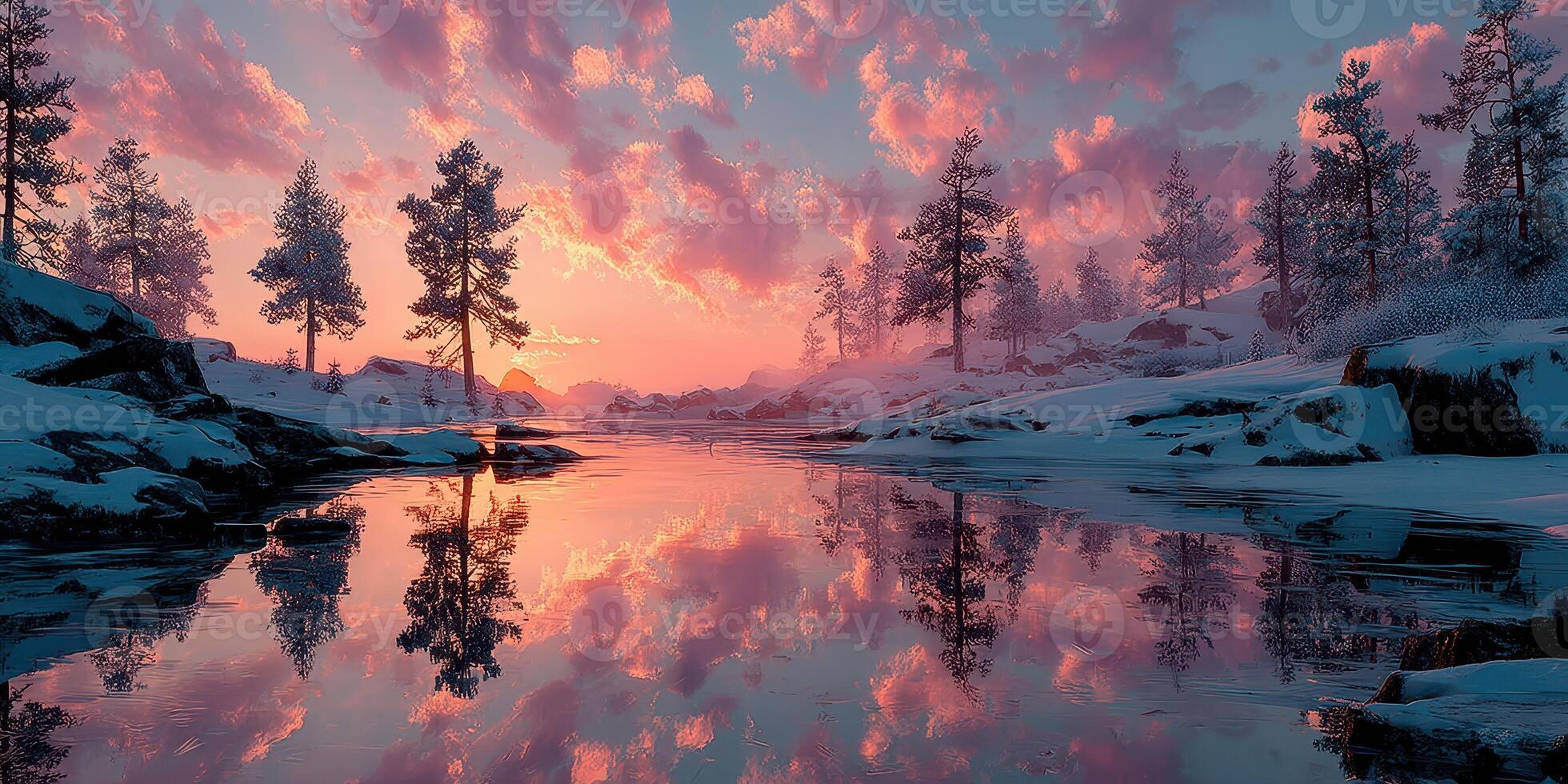 Sunset over a snowy landscape with reflections in calm waters in a serene natural setting photo