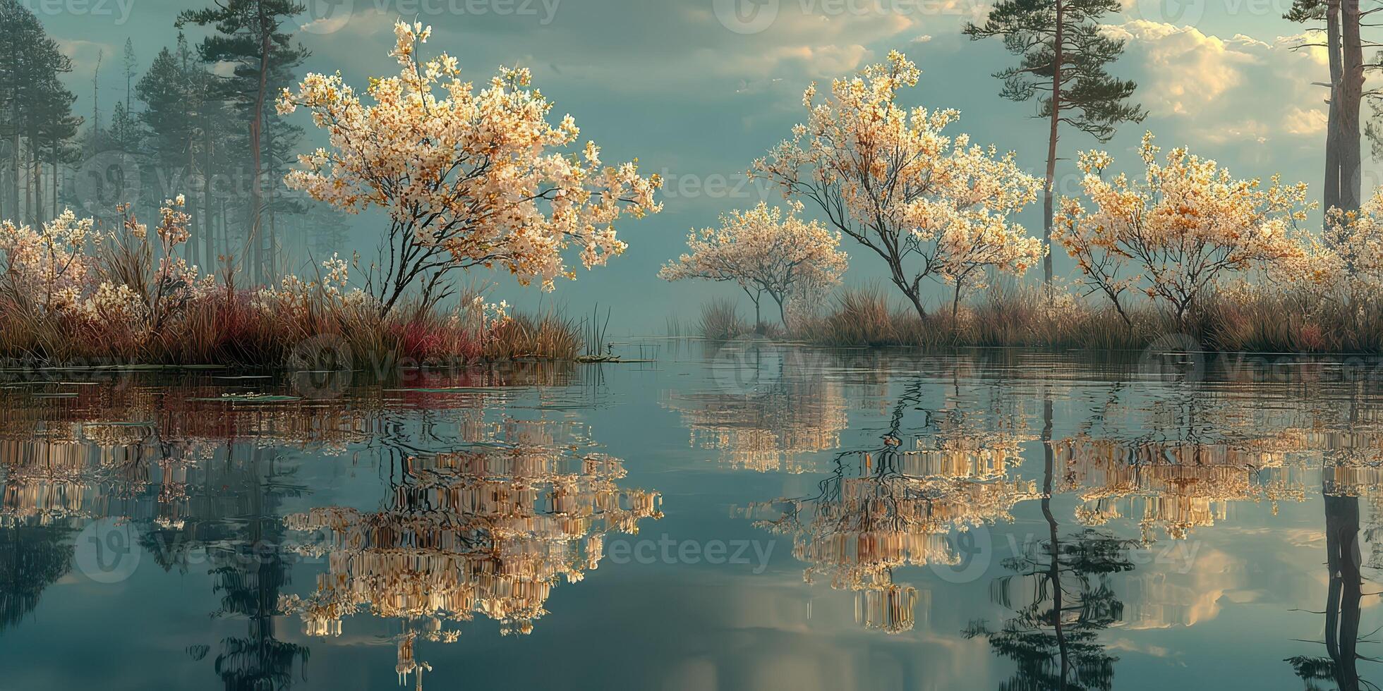 Blossoming trees reflect beautifully in calm water during serene dawn in a tranquil nature setting photo