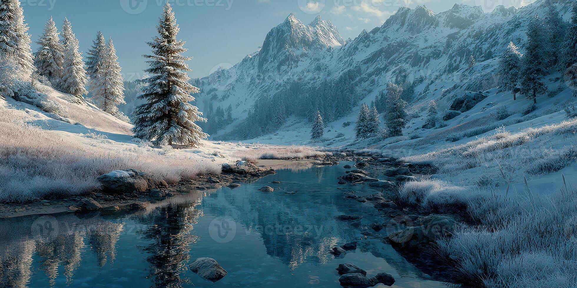 Snow-covered mountains and a serene river create a peaceful winter landscape in the early morning light photo