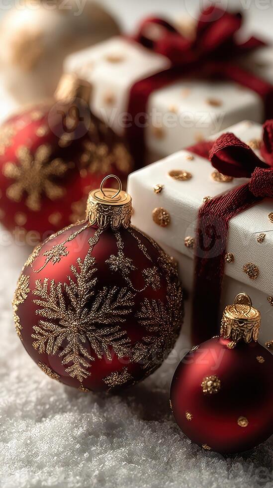 Beautiful red Christmas ornaments and neatly wrapped gifts on a snowy surface create a festive holiday atmosphere photo