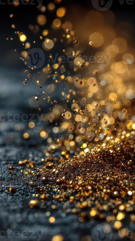 Sparkling golden droplets dance in the air, creating a mesmerizing display of light and texture against a dark background photo
