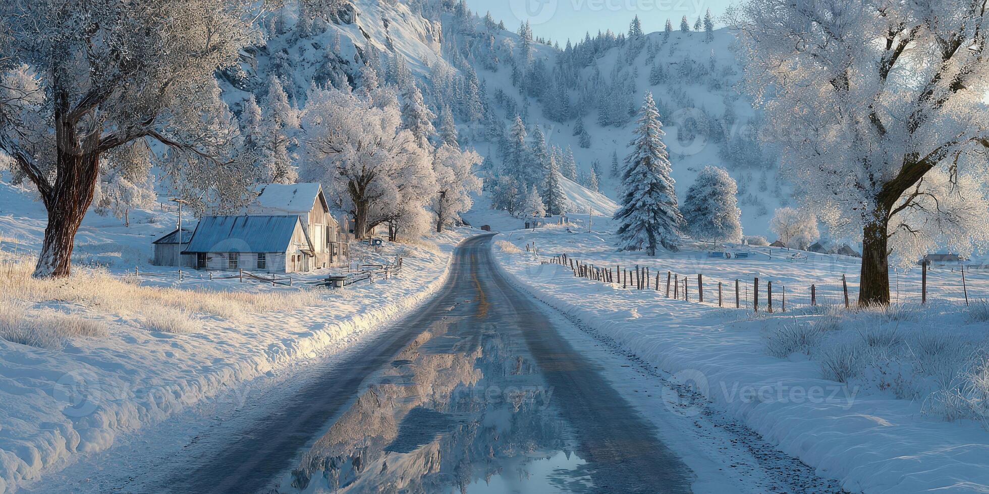 Winter landscape featuring snow-covered road and quaint house in a serene mountain setting photo