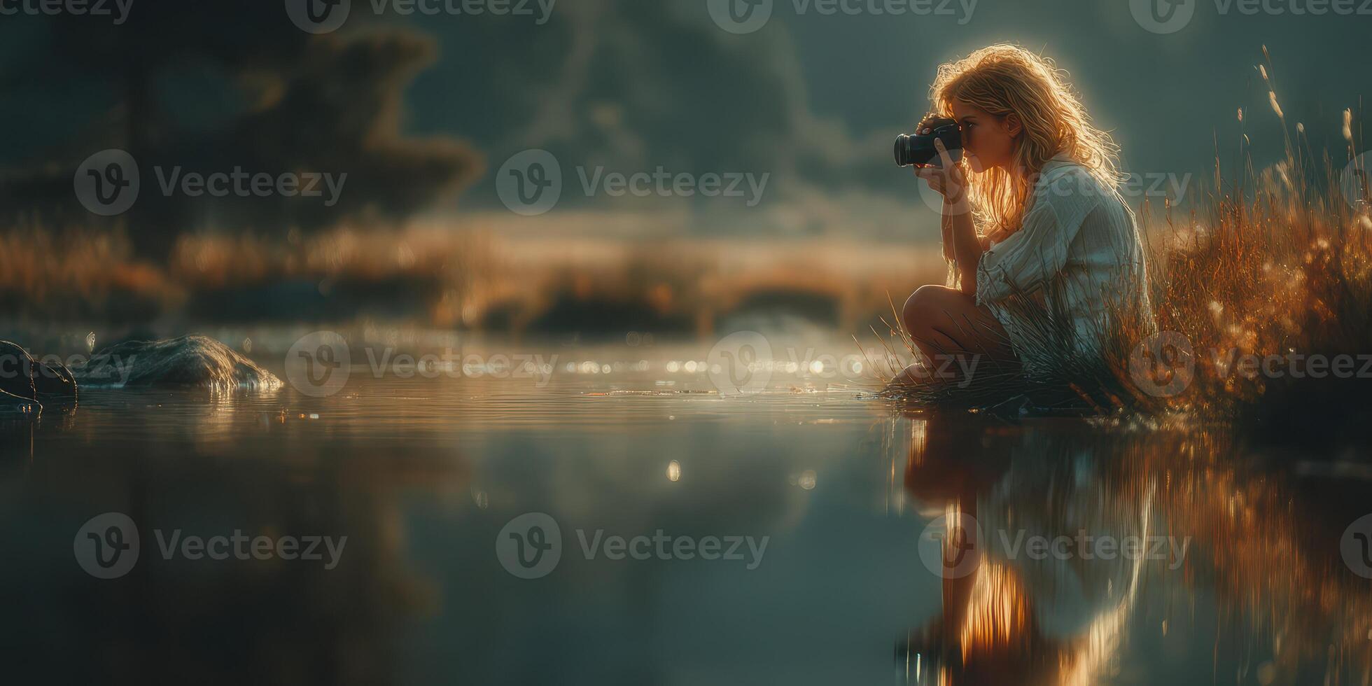 Woman capturing nature's beauty by the serene waterside during golden hour while surrounded by lush landscapes photo
