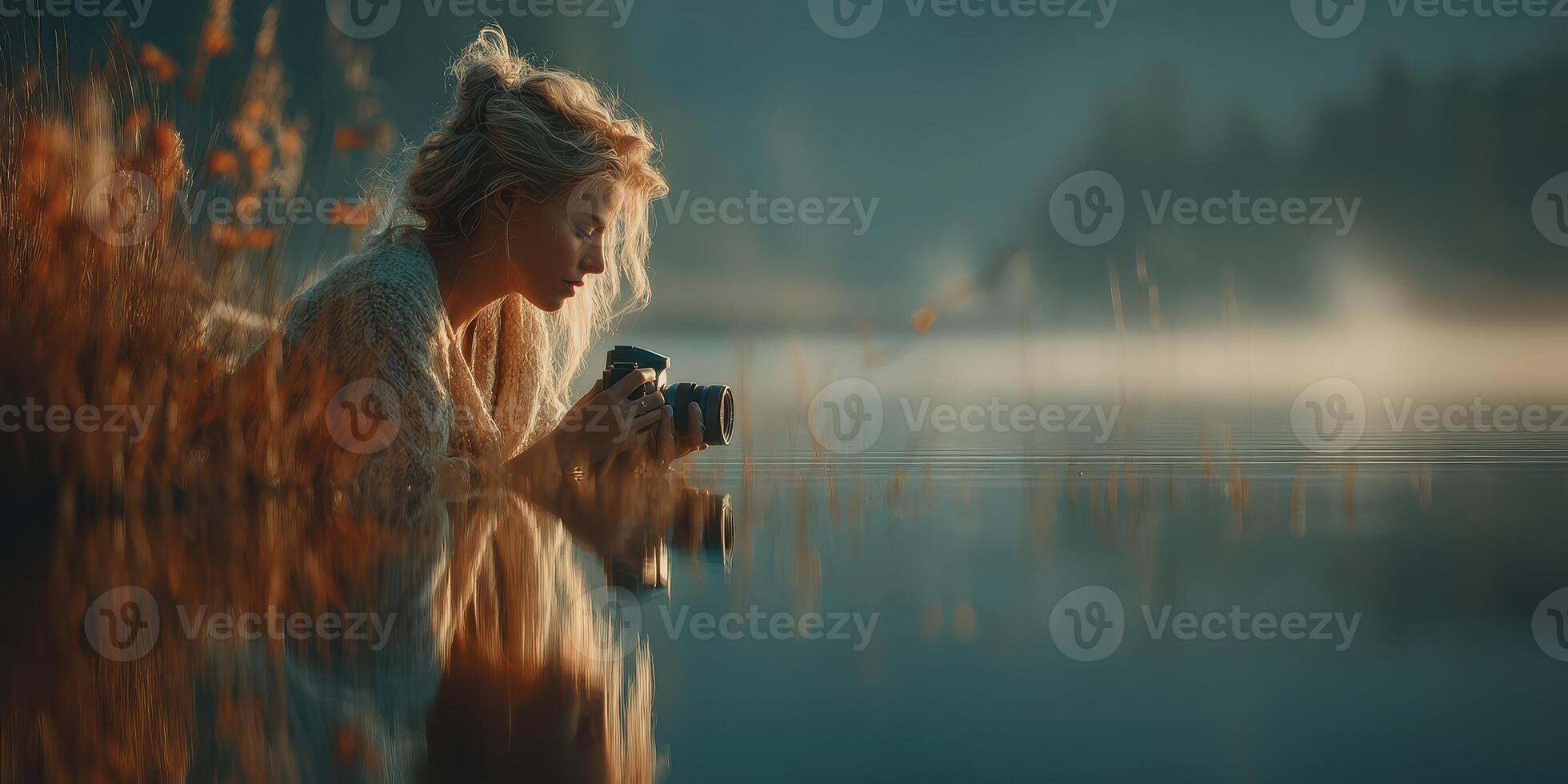 Young woman captures serene scenery by a tranquil lake during early morning light photo