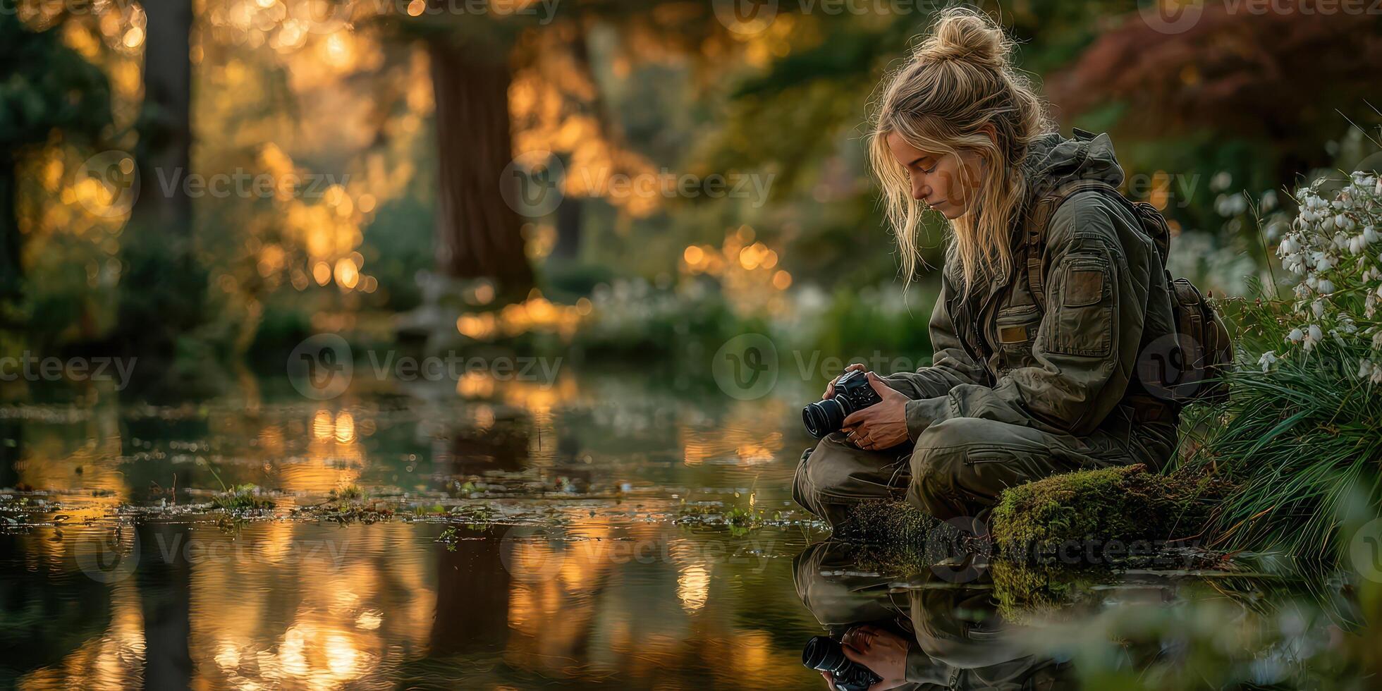 Nature enthusiast captures reflections at a serene lakeside during golden hour in a tranquil garden setting photo